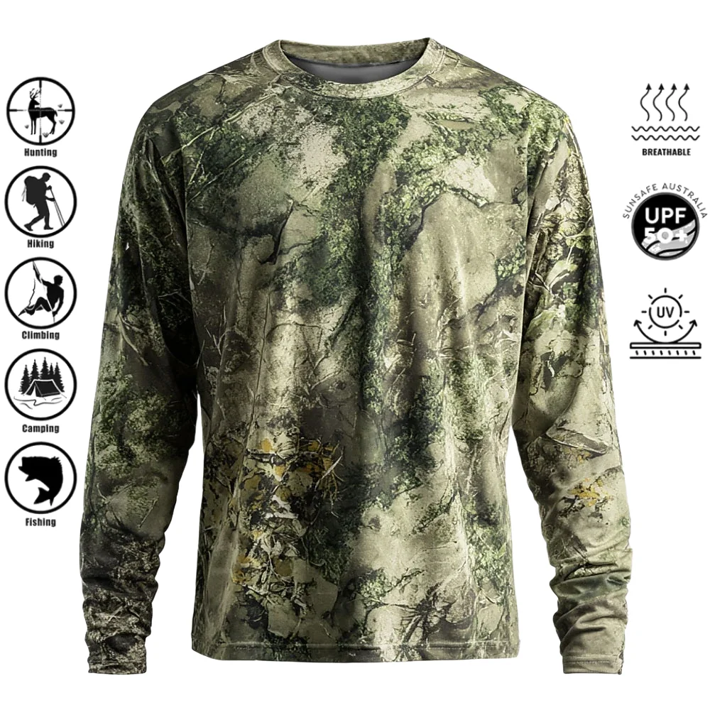 Outdoor Hunting Prints - メンズ長袖Tシャツ、ポリエステル素材、3Dプリント迷彩柄、UPF50+の紫外線カット機能、クルーネック、通気性、釣り、狩猟、ハイキング、アウトドアに最適なトップス。